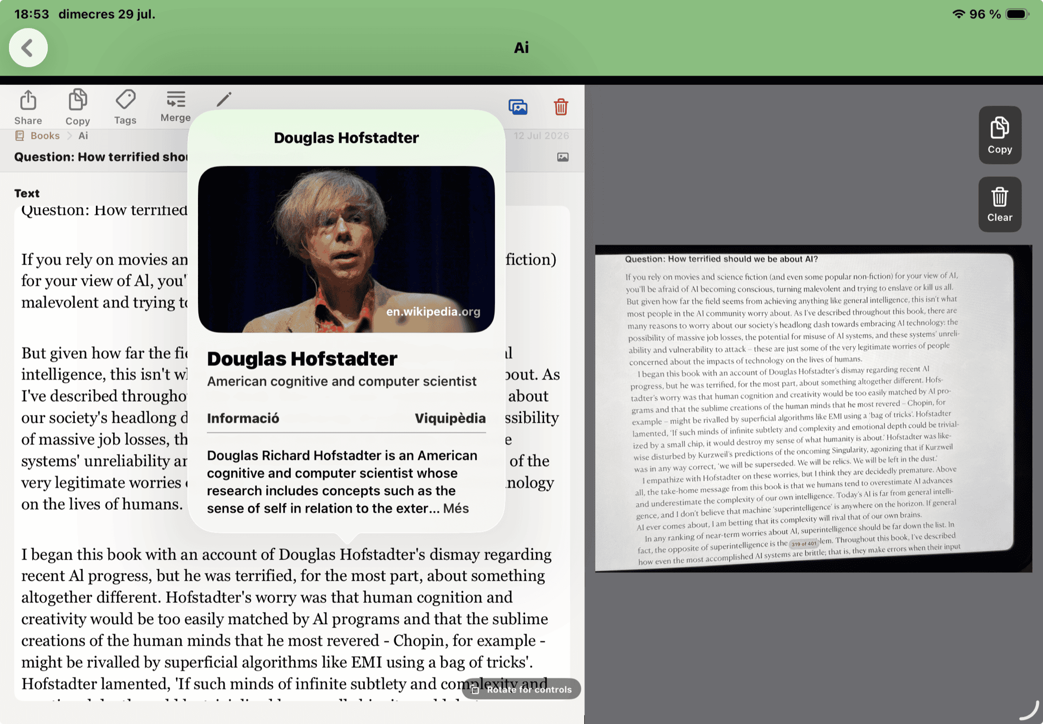 Look Up result displayed beside scanned text on iPad