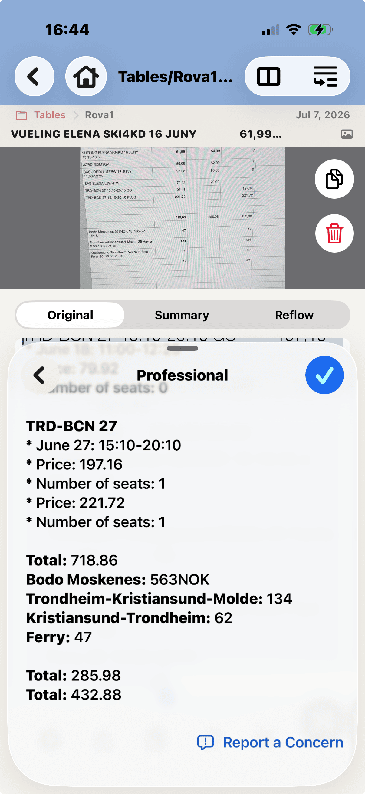 Recognized table displayed on iPhone